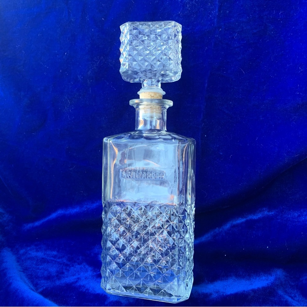 I. W. HARPER Decanter Diamond Cut Glass With Cork Stopper 12” x 3” x 2” Vintage